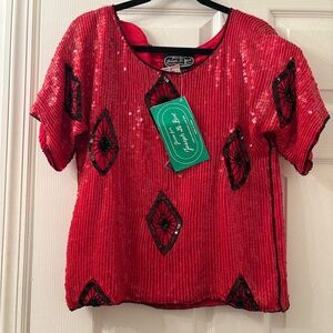VINTAGE Red and Black Sequin Blouse Joseph Le Bon Pure Silk NWT